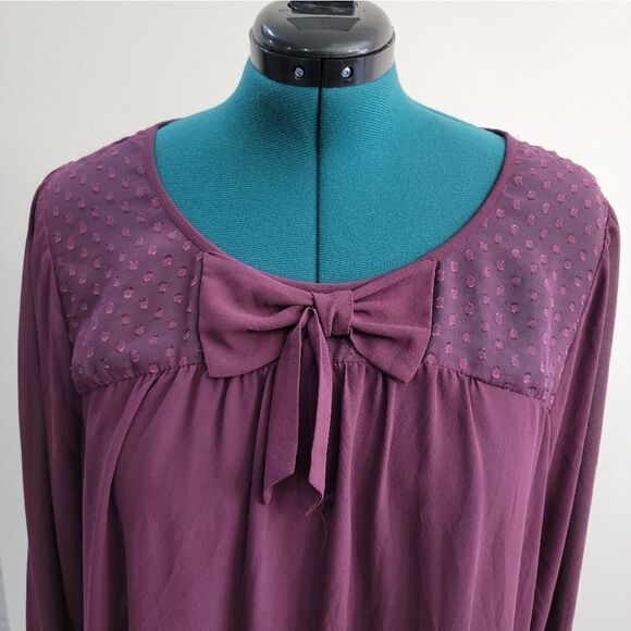 Eyeshadow Purple Sheer Top Long Sleeve with a Bow on the Center. Plus size 2X - Picture 3 of 7